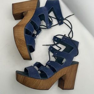 J slides Blue suede lace up clog platforms bohemian chunky heels sz EU 36